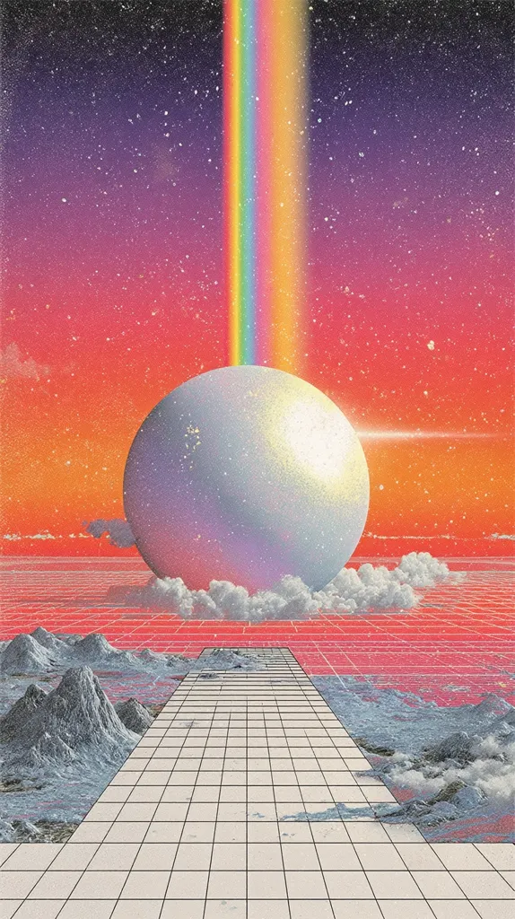 A vibrant, retro-futuristic landscape features a large, pearl-like sphere floating above a gridded path leading to snowy mountains.  A rainbow beam descends from a star-studded, gradient sky, bathing the scene in warm and cool tones.  The style evokes 80s synthwave aesthetics, with a blend of digital and painterly techniques.  The overall impression is one of serene, otherworldly beauty.