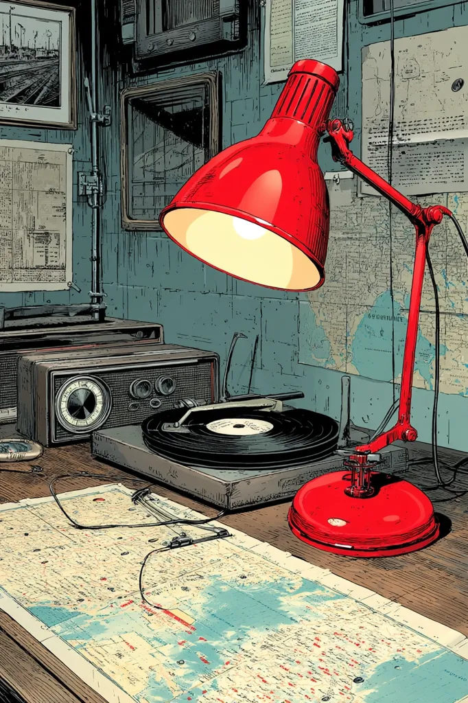 A vintage workspace is illuminated by a vibrant red adjustable desk lamp.  The scene includes a record player, a vintage radio, and a large detailed map spread across a wooden desk.  Surrounding the desk are framed maps and documents, suggesting a setting of historical research or investigation. The overall style is reminiscent of a comic book or graphic novel illustration.