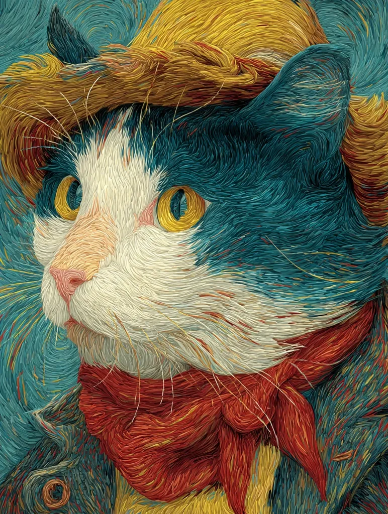 A stylized portrait of a cat, painted in the style of Van Gogh.  The cat is predominantly blue and white, wearing a yellow straw hat and a red neckerchief. Its fur is depicted with thick, visible brushstrokes, creating a textured effect. The background is a swirling mix of blues and greens, complementing the cat's vibrant colors. The overall impression is one of bold color and expressive texture.