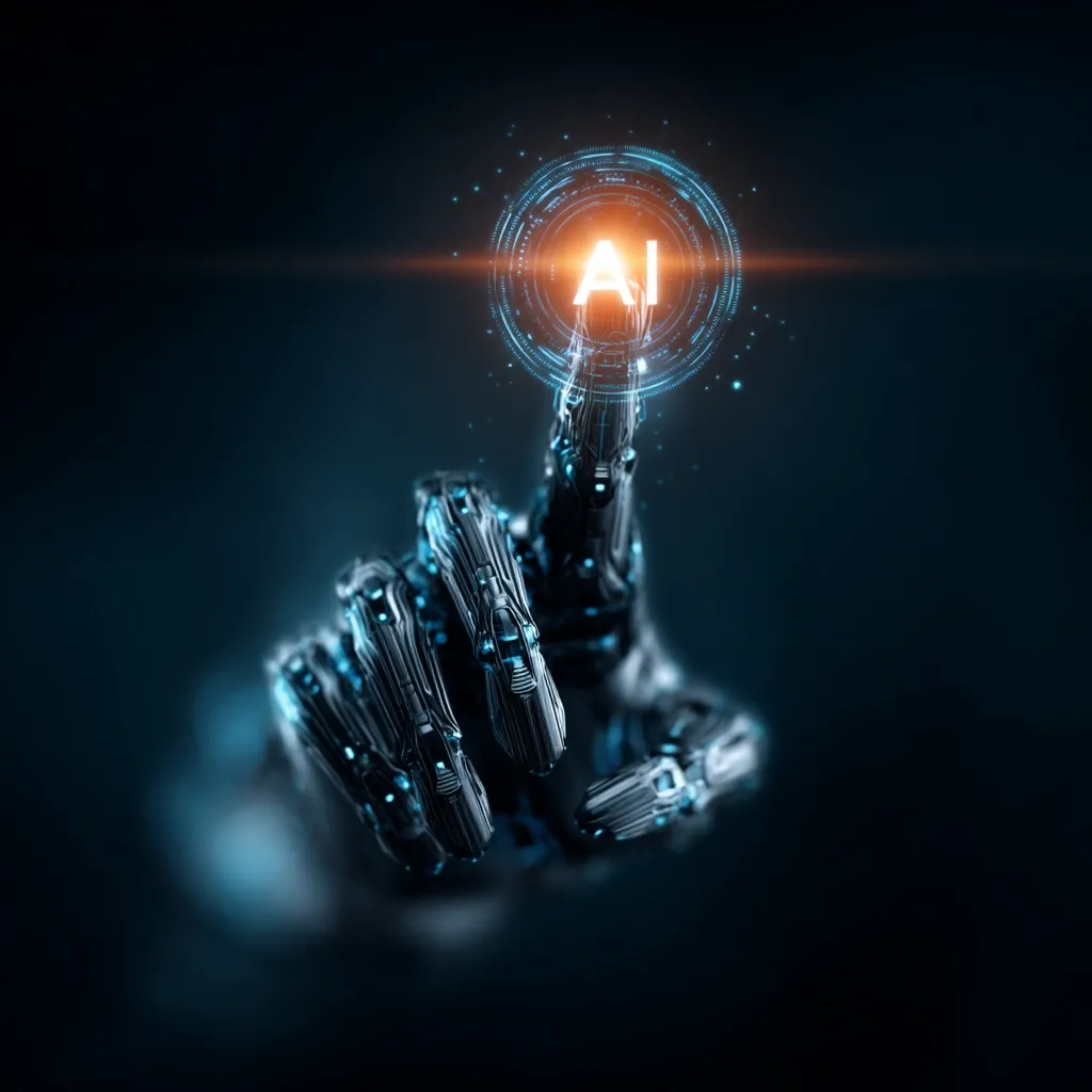 A robotic hand, intricately detailed and metallic, reaches toward a glowing circular interface displaying "AI" in bright lettering.  The scene is dark, emphasizing the futuristic technology. The image suggests the activation or control of artificial intelligence through advanced robotics.  The blue and orange hues create a visually striking contrast.
