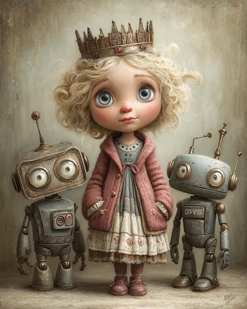 A whimsical illustration depicts a young princess, crowned and adorned in a pink coat and floral dress, standing between two charming steampunk robots.  The robots, with large, expressive eyes and intricate metallic details, flank the princess, creating a captivating scene blending fantasy and mechanics. The overall style is reminiscent of children's book illustration with a touch of surrealism.