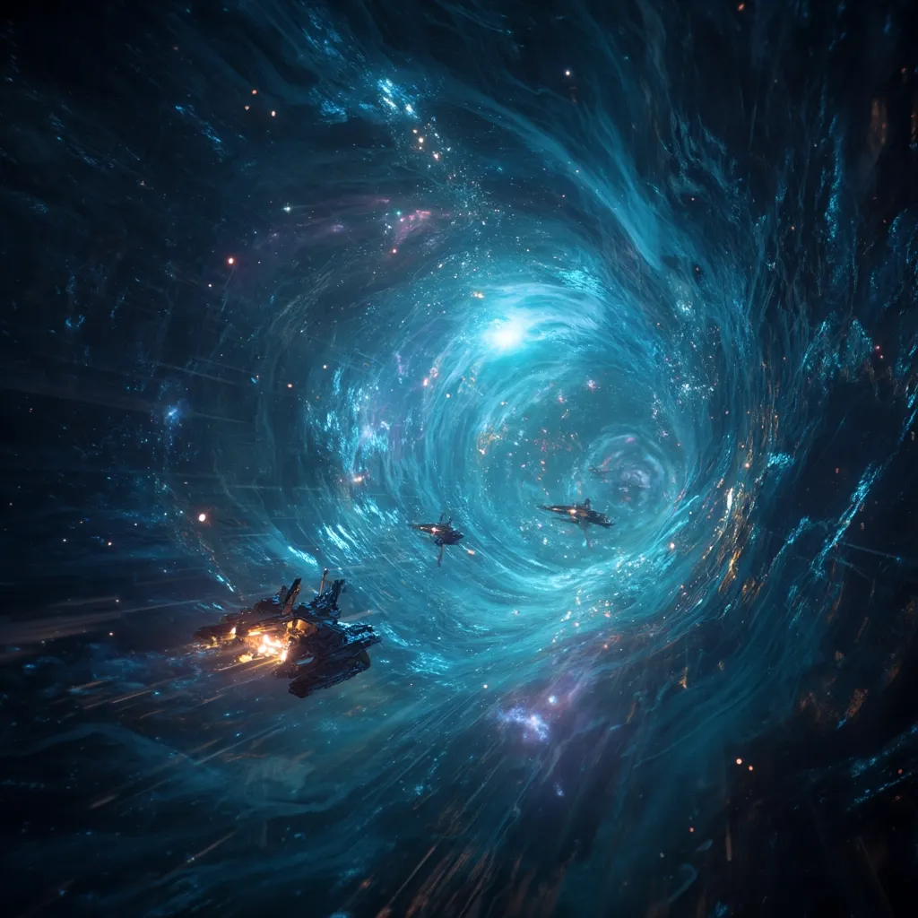Three spaceships navigate a swirling, luminous blue nebula.  The cosmic tunnel, filled with stars and ethereal light, creates a mesmerizing vortex.  The ships appear to be traveling at high speed, leaving trails of light in their wake.  The scene evokes a sense of interstellar travel and the vastness of space.