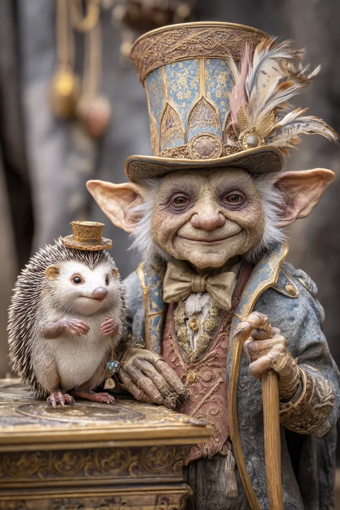 A whimsical goblin-like creature, adorned in an ornate top hat and waistcoat, sits beside a tiny hedgehog wearing a miniature hat.  The goblin's expression is kindly, and he holds a cane.  Both figures are highly detailed, appearing to be crafted from a fine material. The scene suggests a fantastical world with elements of steampunk and fairytale aesthetics.  The backdrop is blurred, focusing attention on the central figures.