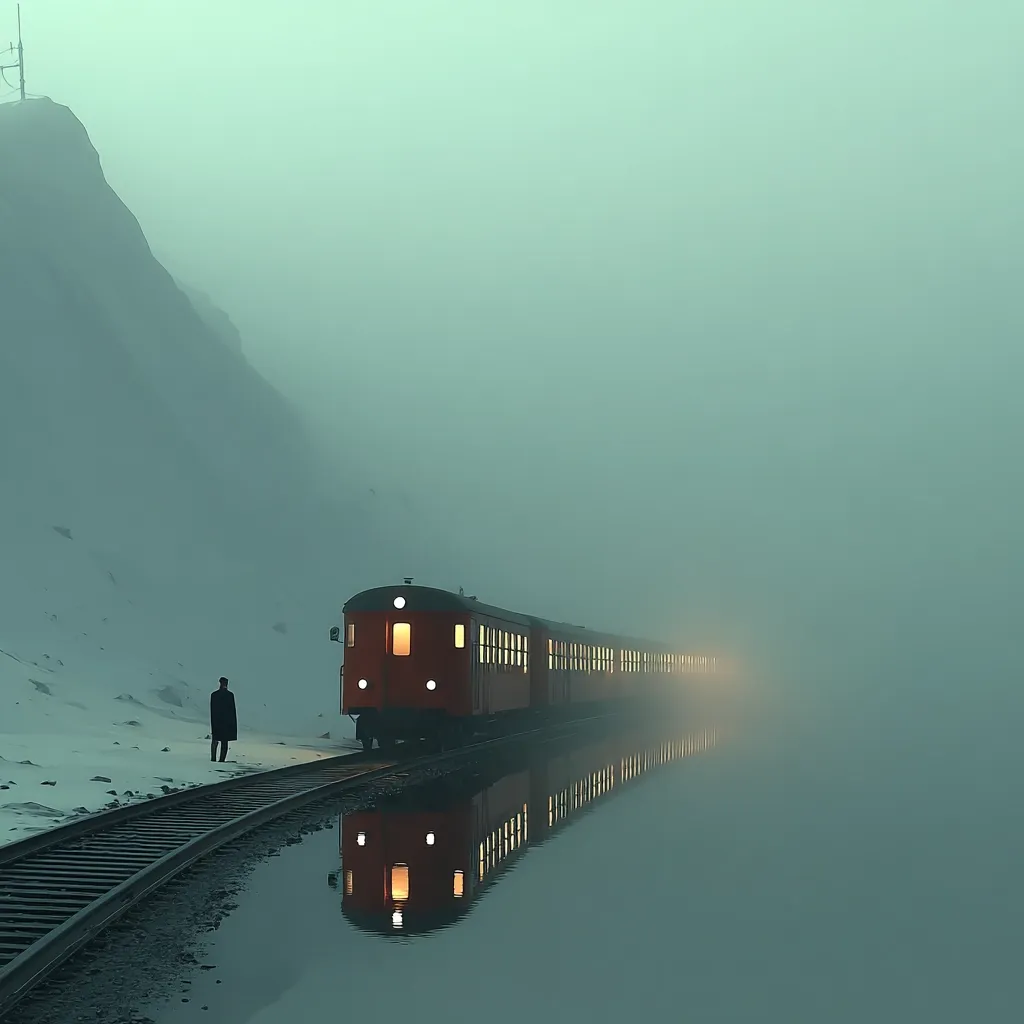 A lone figure stands on a snow-covered railway track, gazing at a long, red train disappearing into a thick, ethereal fog.  The train's lights glow warmly, contrasting with the cold, misty atmosphere. The scene is serene yet mysterious, evoking a sense of isolation and journey's end amidst a mountainous landscape.  The train's reflection in the still water mirrors the surreal scene.
