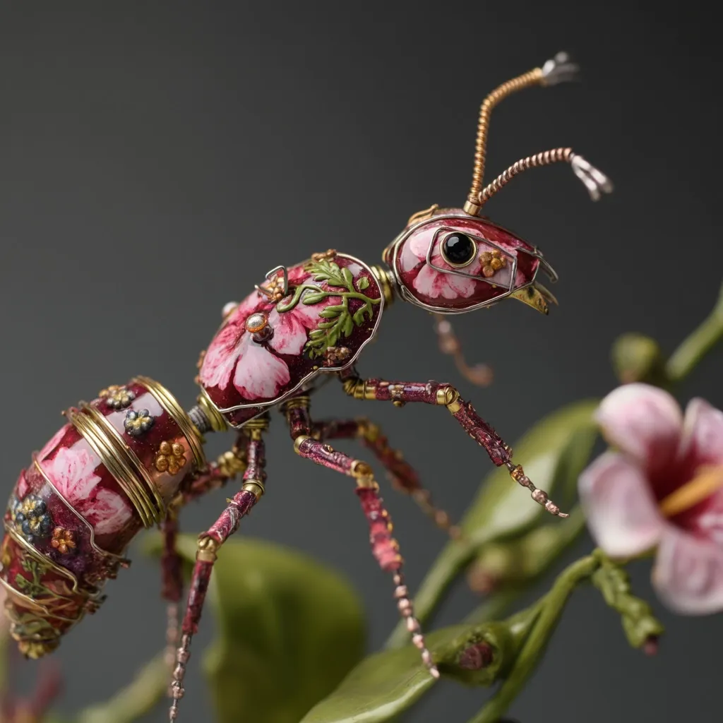 A meticulously crafted ant sculpture is showcased.  Its body is a deep crimson, adorned with delicate pink flowers and gold accents.  The ant appears to be constructed from wire and metal, giving it a steampunk aesthetic.  It's positioned on a leafy branch, contrasting its intricate design with the natural setting. The attention to detail, from the painted flowers to the segmented legs, is remarkable.