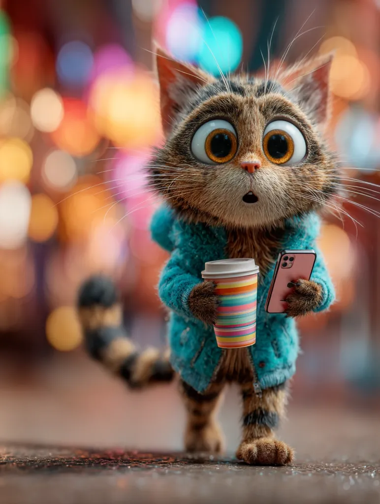 A cute, cartoonish tabby cat, wearing a teal hoodie, stands on a wet pavement at night.  Large, expressive eyes and a surprised expression are prominent features. The cat holds a colorful striped coffee cup in one paw and a pink smartphone in the other. A blurry background of colorful lights suggests a nighttime city setting.