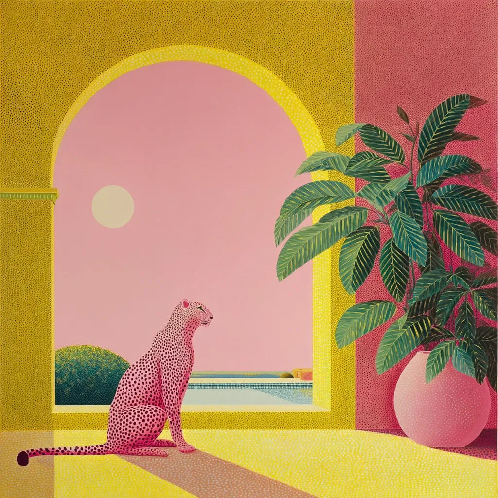 A pink leopard sits serenely within a stylized architectural scene.  The leopard is positioned before an arched doorway, revealing a pink sky, a pale moon, a swimming pool, and lush greenery. The room is painted in vibrant yellows and pinks, with a large potted plant adding to the tropical aesthetic.  The overall style is bold and graphic, reminiscent of mid-century modern design.
