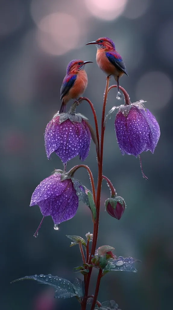 Two vibrant hummingbirds, adorned with red and blue iridescent plumage, perch delicately on a rain-soaked stem.  Purple bell-shaped flowers, glistening with water droplets, surround them.  The soft background bokeh and the overall composition create a serene and enchanting image of nature's beauty.