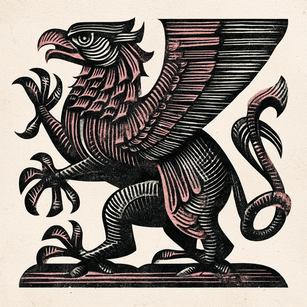 A striking woodcut illustration depicts a griffin, a mythical creature with the head and wings of an eagle and the body of a lion.  Rendered in black and muted pink-red, the griffin is powerfully posed, its talons firmly planted.  The detailed lines and textured effect create a sense of both age and strength, suggesting a heraldic or symbolic representation. The style is reminiscent of vintage book illustrations or woodblock prints.