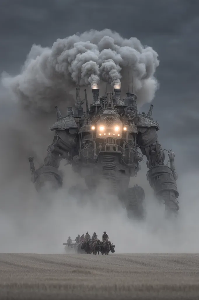 A colossal steampunk behemoth, billowing dark smoke from multiple chimneys, looms over a desolate landscape.  Its intricate mechanical design is partially obscured by fog and dust.  In the foreground, a small group of figures on an ox-drawn cart traverse the field, dwarfed by the massive machine's imposing presence.  The scene evokes a sense of awe and potential threat.