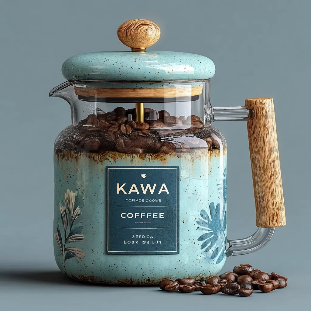 A stylish French press coffee maker is showcased.  It features a teal speckled ceramic body with a wooden handle and lid, and a clear glass carafe filled with coffee beans.  A minimalist label reads "KAWA COFFEE" in a sophisticated font.  The design is both modern and rustic, ideal for brewing a flavorful cup.  Loose coffee beans are scattered nearby.