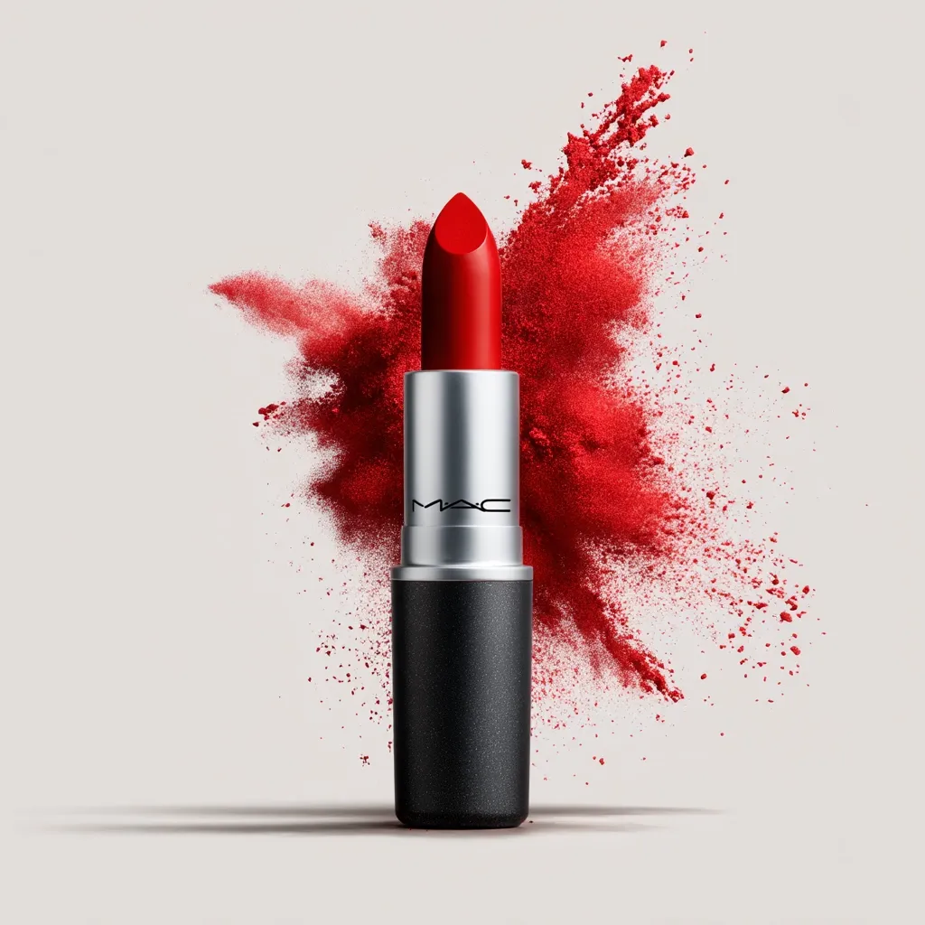 A MAC lipstick in a vibrant red shade is showcased against a backdrop of a red powder explosion. The lipstick's silver band and black casing are sharply defined, contrasting beautifully with the dynamic red cloud.  The image emphasizes the lipstick's rich color and luxurious feel, creating a visually striking advertisement.