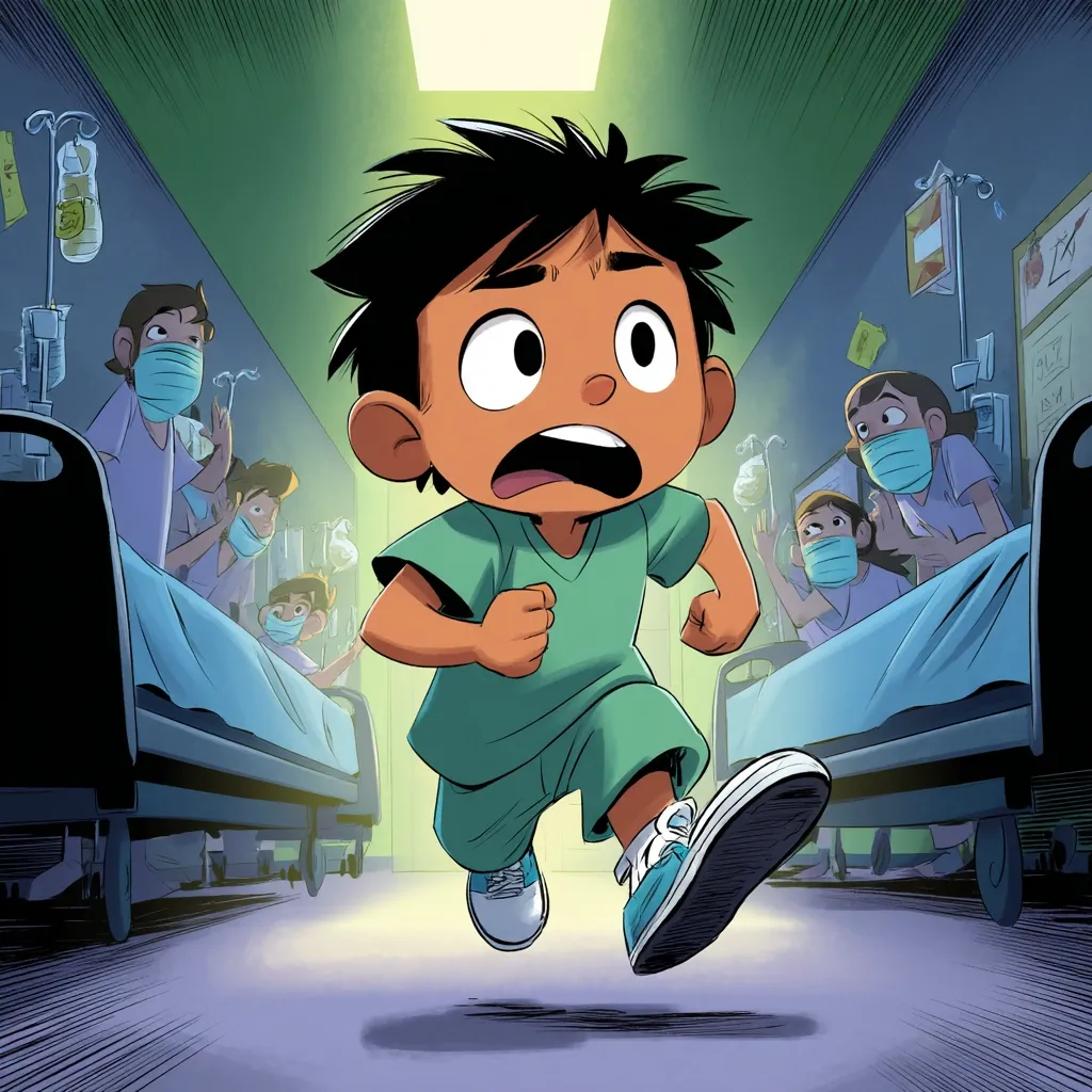 A young boy in a teal hospital gown runs down a dimly lit hospital corridor.  He looks frightened.  Other children in beds along the hallway wear face masks, suggesting illness. The atmosphere is tense and unsettling, hinting at a story of fear and escape.