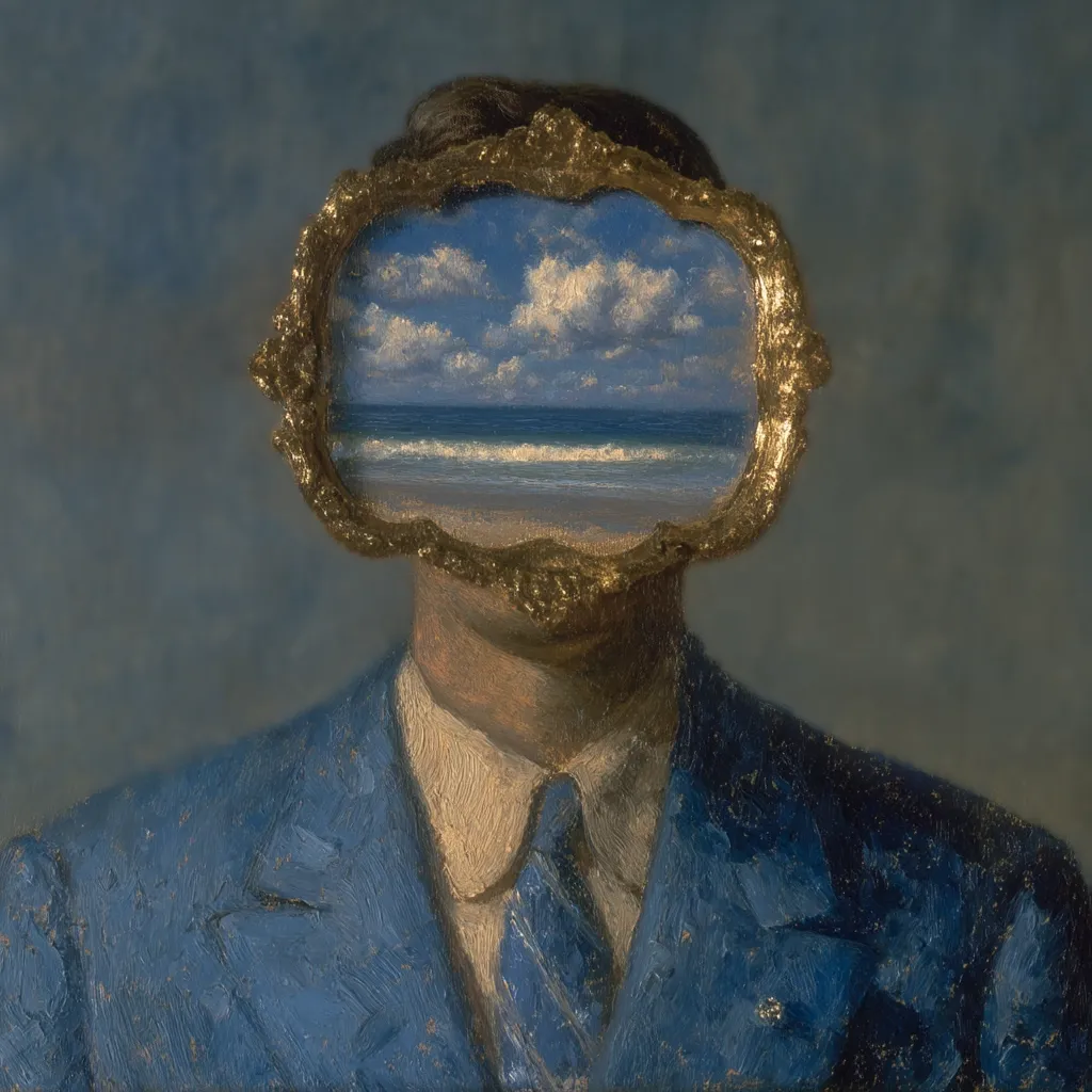 The painting depicts a man in a blue suit. His face is replaced by an ornate gold frame containing a seascape; a tranquil beach under a partly cloudy sky.  The juxtaposition of the formal attire and the serene beach within the frame creates a surreal and dreamlike effect, suggesting a disconnect between outward appearance and inner thoughts or desires. The style is reminiscent of Surrealist art.
