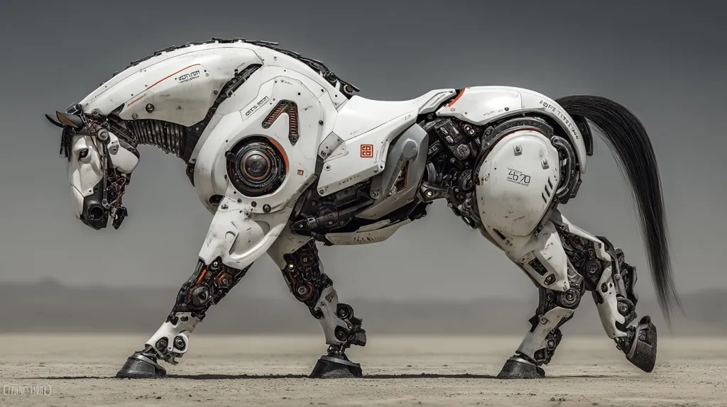A futuristic robotic horse, predominantly white with black accents, stands on a desolate, sandy landscape.  Its mechanical components are intricately detailed, showcasing exposed gears and hydraulics. The horse's design blends organic equine features with advanced technology, creating a striking visual of bio-mechanical artistry.  Its dark, flowing tail contrasts with the predominantly light-colored body.