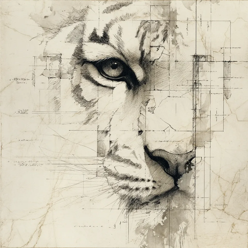 A detailed pencil sketch of a tiger's face, rendered in grayscale.  The artwork incorporates a blueprint-like grid overlay, creating a juxtaposition between the organic form of the animal and a geometric structure. The tiger's intense gaze is prominent, emphasized by meticulous shading and line work. The background features a textured, aged paper effect, enhancing the piece's artistic depth.