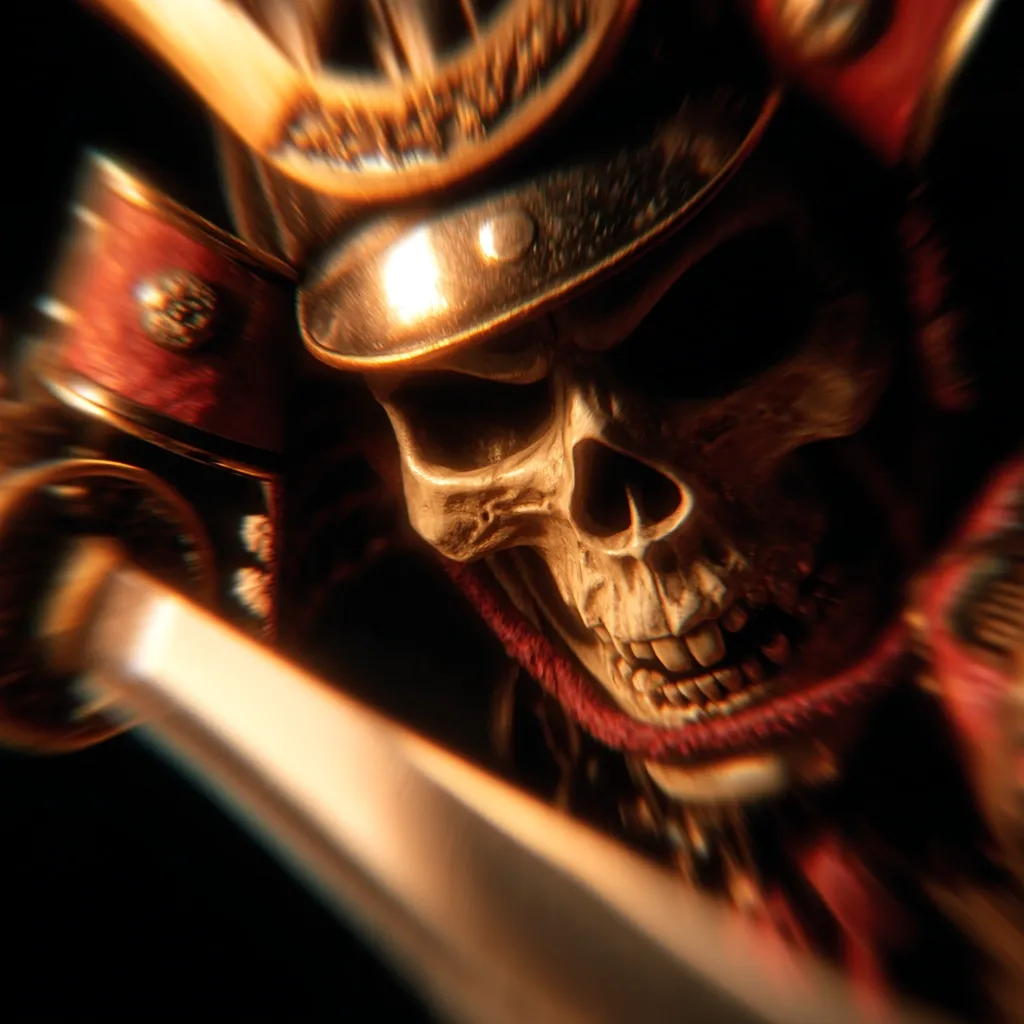 A close-up shot reveals a skull adorned in a samurai helmet and armor.  The skull's menacing expression is accentuated by the dark background. A katana is blurred in the foreground, suggesting motion and adding to the image's dramatic intensity.  The lighting highlights the intricate details of the skull and helmet, creating a haunting and powerful visual.