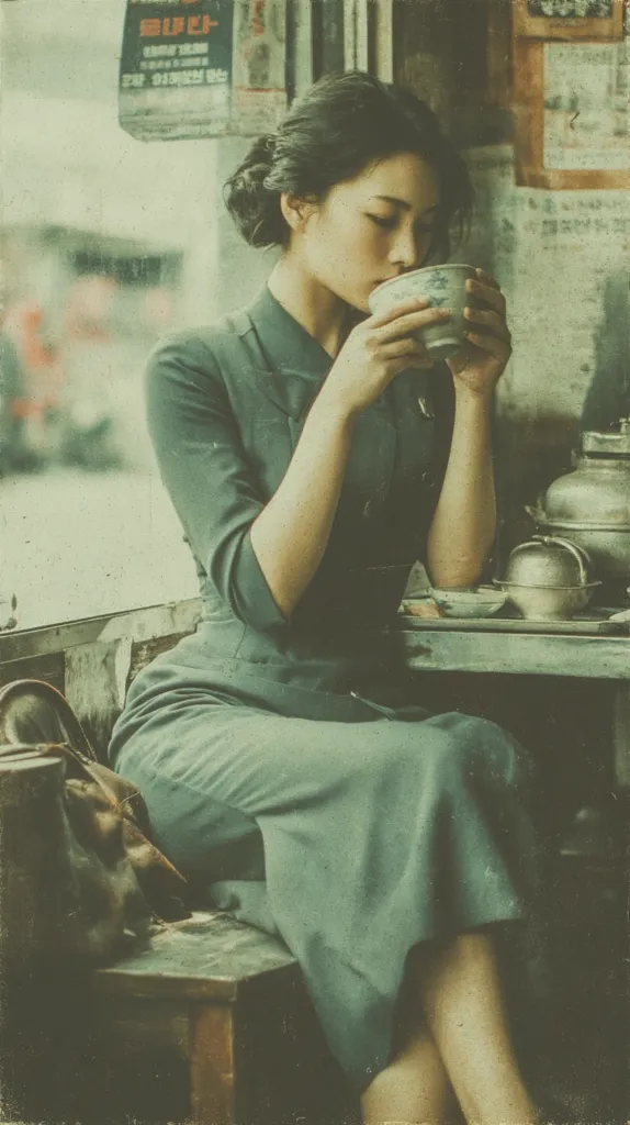 A woman in a teal dress sits by a window, quietly sipping from a teacup.  The setting appears vintage, possibly in a cafe or teahouse, with aged walls and posters visible.  Her dark hair is neatly styled, and her expression is serene and contemplative.  A handbag rests beside her on a wooden surface. The overall mood is one of quiet contemplation and nostalgic charm.