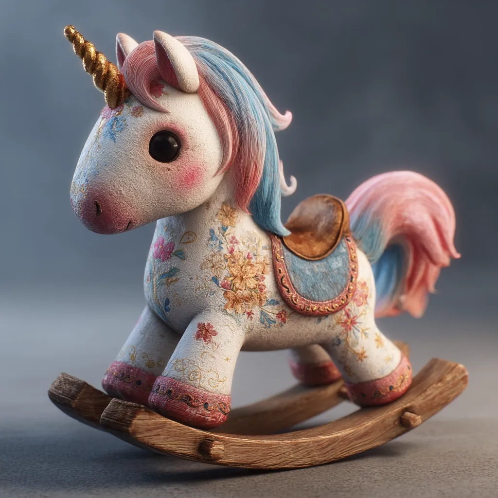 A charming, whimsical rocking horse, designed as a unicorn, is depicted.  Its body is adorned with a delicate floral pattern on a textured, off-white background.  The mane and tail are pastel pink and blue, and a golden horn adds to its fantastical charm. The rocking horse features a small, brown saddle and rests on a simple wooden base.  The overall aesthetic suggests a handcrafted, antique-inspired toy.