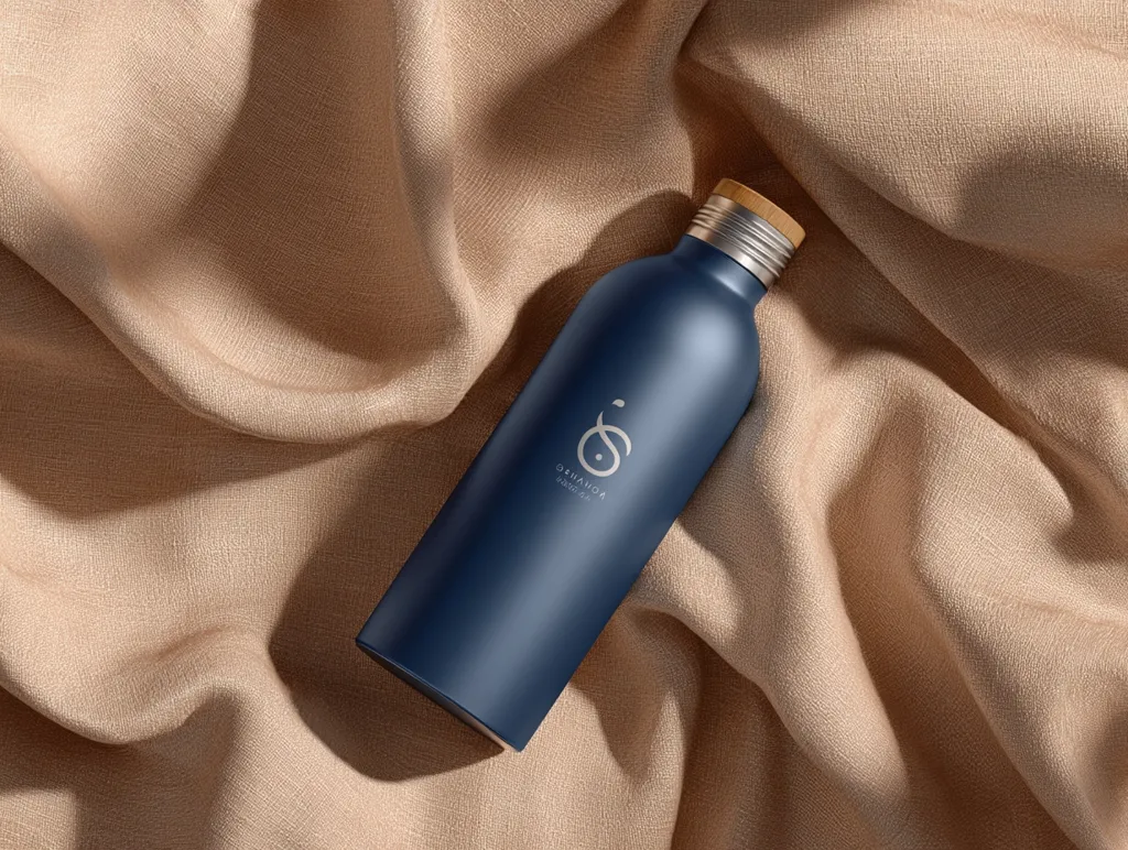 A dark blue metal water bottle with a light wood cap rests on a beige fabric backdrop.  The bottle features a minimalist logo. The fabric is softly draped, creating folds and shadows. The overall aesthetic is clean, modern, and subtly luxurious.