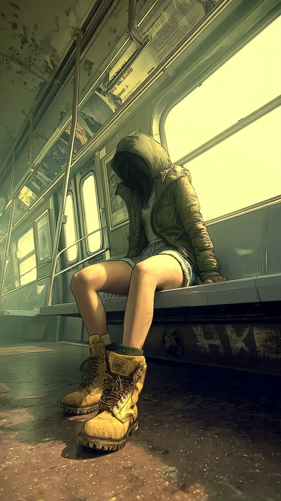 A young woman, cloaked in a hooded jacket, sits on a subway seat.  The train is old and worn, with faded advertisements lining the walls and graffiti marking the seats.  Sunlight streams through the windows, illuminating dust motes in the air. The woman's worn, yellow work boots suggest a journey or a hard life. The overall scene evokes a feeling of solitude and contemplation within a gritty urban setting.