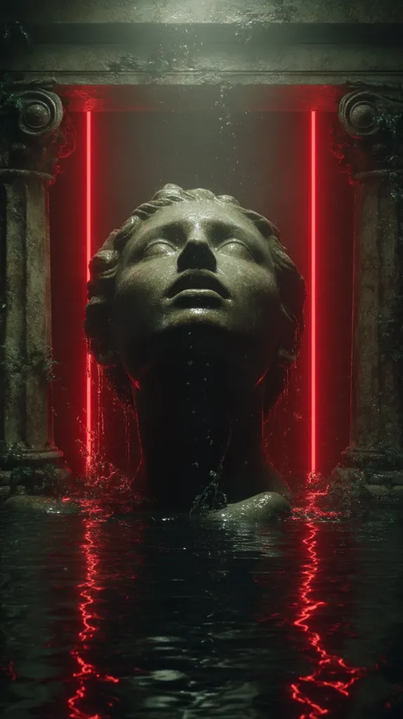 A digitally created image depicts a stone bust of a woman, submerged in dark water within a decaying stone structure.  Two vibrant red neon lights frame the bust, creating a dramatic contrast between the ancient and the modern. Water droplets cascade over the sculpture, adding to the atmospheric mood.  The overall aesthetic is dark, mysterious, and slightly surreal.