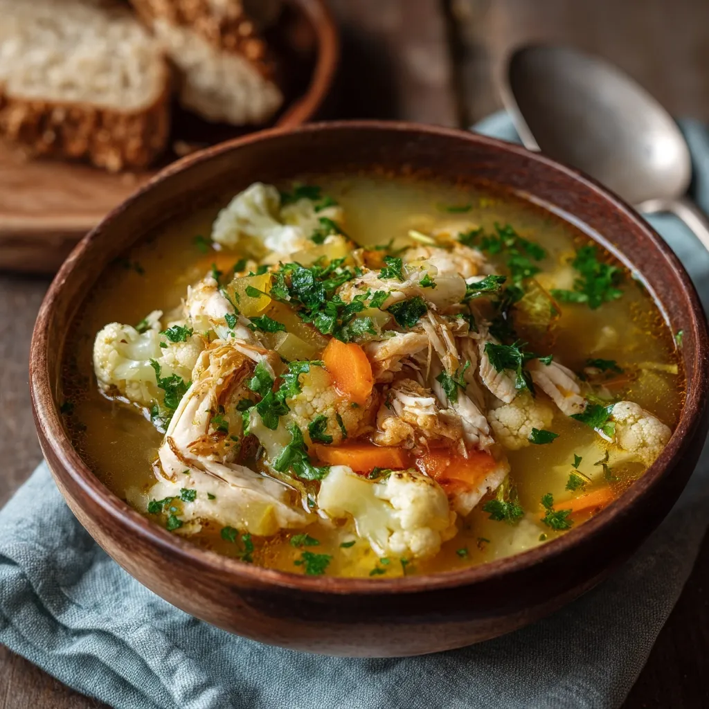 A rustic wooden bowl overflows with a hearty chicken and cauliflower soup.  The broth is golden, and the soup is garnished with fresh parsley.  Chunks of chicken and cauliflower are visible, along with diced carrots.  A plate of crusty bread sits blurred in the background, suggesting a comforting and wholesome meal.