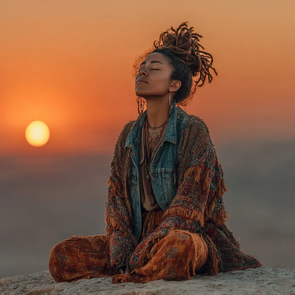A young woman with dreadlocks sits cross-legged on a rock, eyes closed, facing a setting sun.  She wears a bohemian-style outfit: an orange patterned pantsuit layered with a fringed, patterned jacket and a denim vest.  Necklaces and earrings complete her look. The warm sunset hues create a serene and peaceful atmosphere.