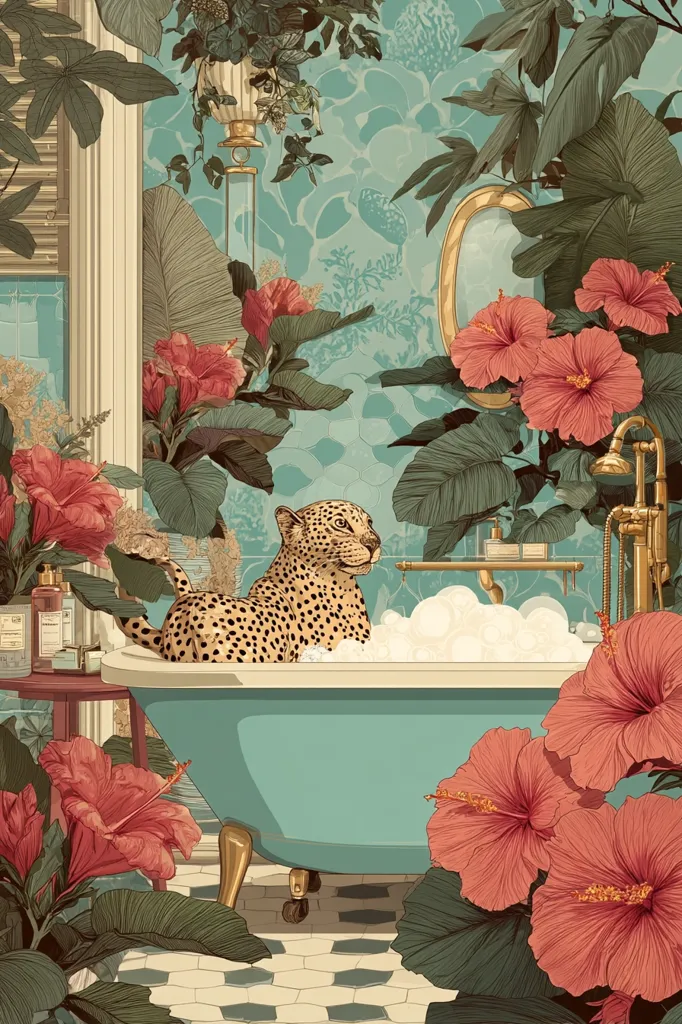 A cheetah luxuriates in a teal claw-foot bathtub filled with bubbles, surrounded by a lush, tropical garden.  Large hibiscus blossoms and vibrant foliage frame the scene, set against a patterned teal wall.  Gold accents on the bathtub fixtures and a mirrored oval add to the opulent, vintage atmosphere of the bathroom. The overall style is reminiscent of botanical illustration.