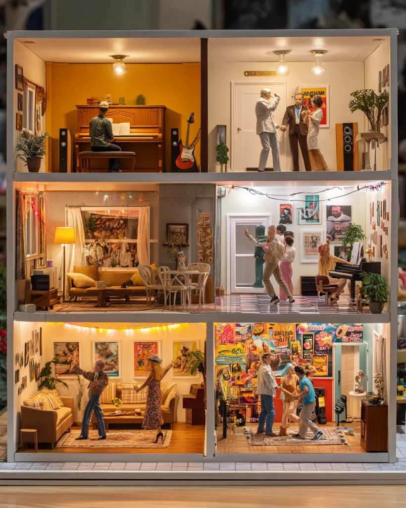 A meticulously crafted multi-story dollhouse showcases various scenes of 1970s life.  Each level depicts a different setting: a musician at a piano, a couple dancing, a living room gathering, and a party with vintage posters.  Miniature figures and period-appropriate furnishings bring the retro aesthetic to life, illuminated with warm interior lighting.  The detailed design captures the vibrant energy of the era.