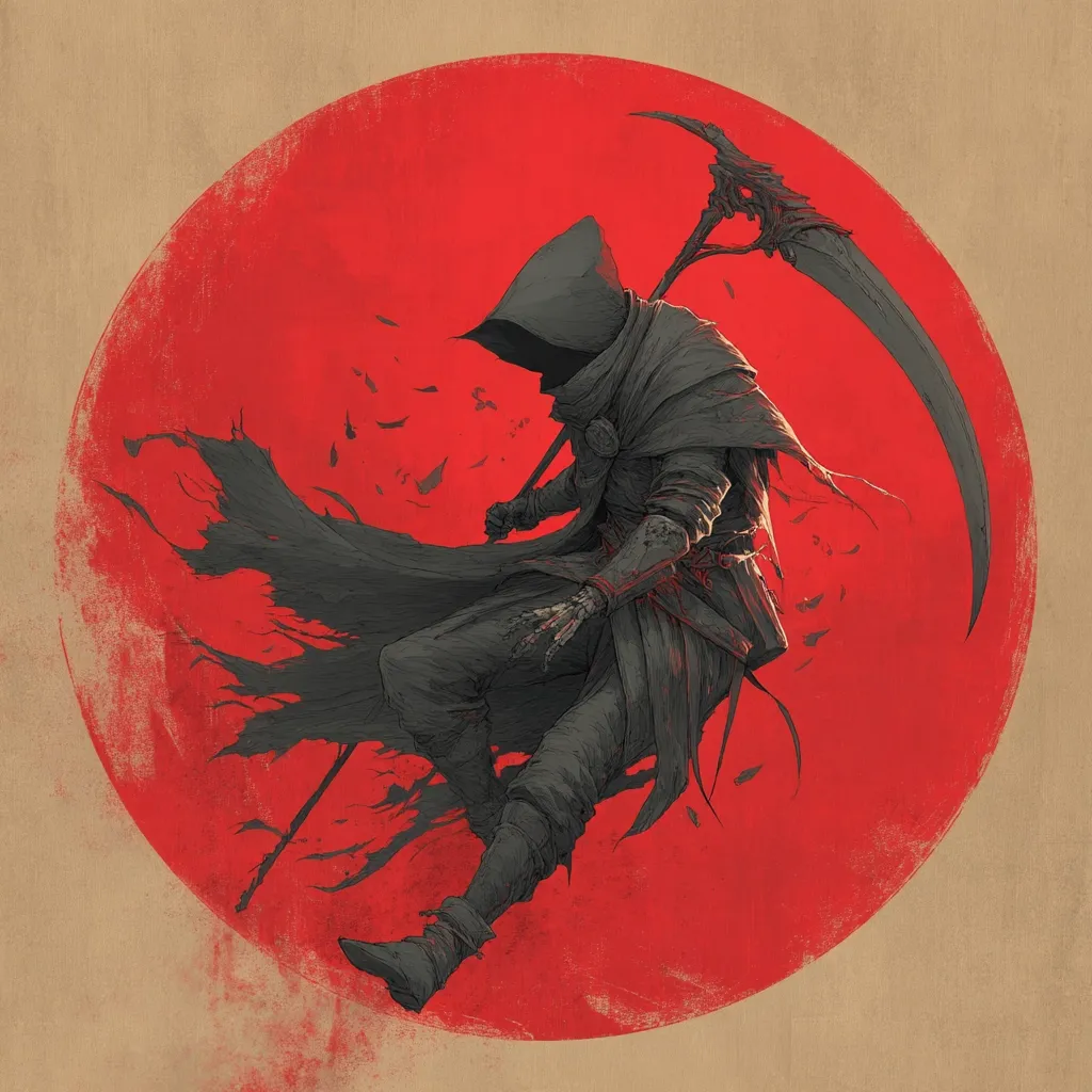 A hooded figure, cloaked and wielding a large scythe, leaps against a backdrop of a vibrant red sun.  The style is dark and evocative, with a textured, almost painterly feel.  The figure's movement is dynamic, suggesting speed and power. Small, dark shapes flutter around the figure, adding to the sense of motion and drama. The overall composition is striking and visually arresting.