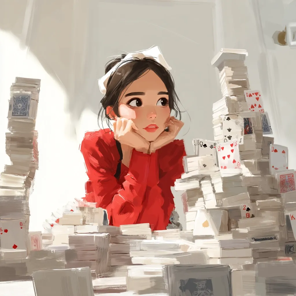 A young woman with dark hair and a red sweater rests her chin on her hands, gazing thoughtfully at several stacks of playing cards.  The cards are piled high around her, creating a whimsical and slightly chaotic scene.  She wears a white bow in her hair, adding to her charming and contemplative appearance. The soft lighting and artistic style emphasize a dreamy, serene atmosphere.