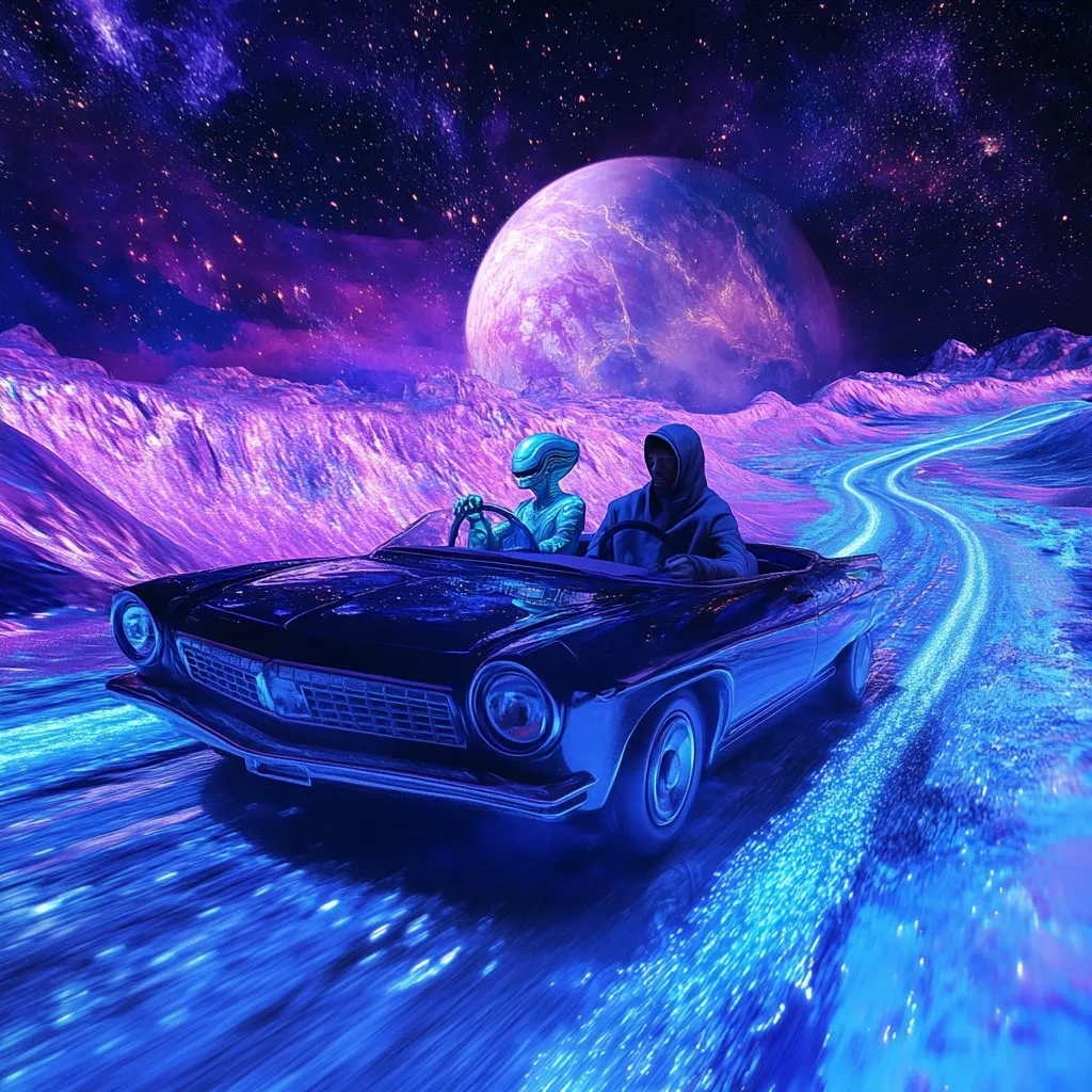 A classic car speeds along a glowing blue road across an alien landscape.  A humanoid alien and a hooded human figure share the ride, a large planet visible in the purple and star-filled night sky.  The scene is surreal and vibrant, suggesting a futuristic or fantastical journey across an extraterrestrial world.  The car leaves a shimmering trail behind it.