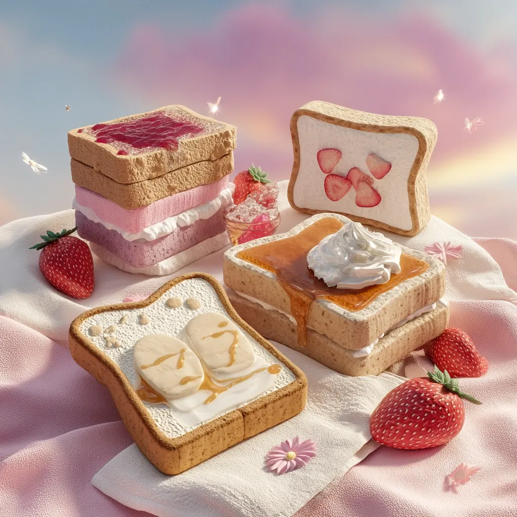 A whimsical arrangement of stylized toast pastries sits on a pink fabric.  One features layers of jam, pink and purple cream; another is topped with whipped cream and syrup; a third is filled with sliced strawberries; and the last showcases banana-shaped fillings drizzled with syrup.  Fresh strawberries and pastel flowers decorate the scene, set against a dreamy, colorful sky.