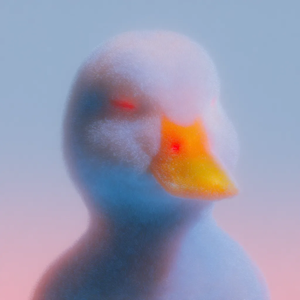 Close-up of a fluffy duckling, rendered in a dreamy, pastel color palette.  The duckling's head and upper body are visible, its soft downy feathers appearing almost ethereal.  Its beak is a vibrant yellow-orange, contrasting with the soft blues and pinks of its body. The image evokes a sense of calm and whimsicality.
