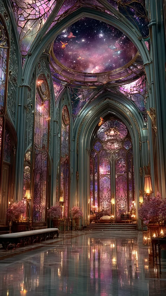 A breathtaking, ethereal hall is depicted.  Its Gothic architecture features soaring arches and stained-glass windows showcasing a nebula-like celestial scene.  The ceiling mirrors this cosmic theme.  Soft lighting and flowering plants add warmth, reflecting beautifully on the polished floor.  The overall atmosphere is one of serene, otherworldly beauty.