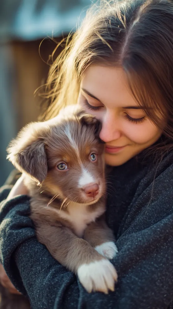 A young woman gently cradles a brown and white puppy in her arms.  The puppy's soft fur and endearing gaze are emphasized by the warm sunlight. The woman's expression is one of tenderness and affection, reflecting a strong bond between human and animal. The overall image conveys a sense of warmth, love, and companionship.
