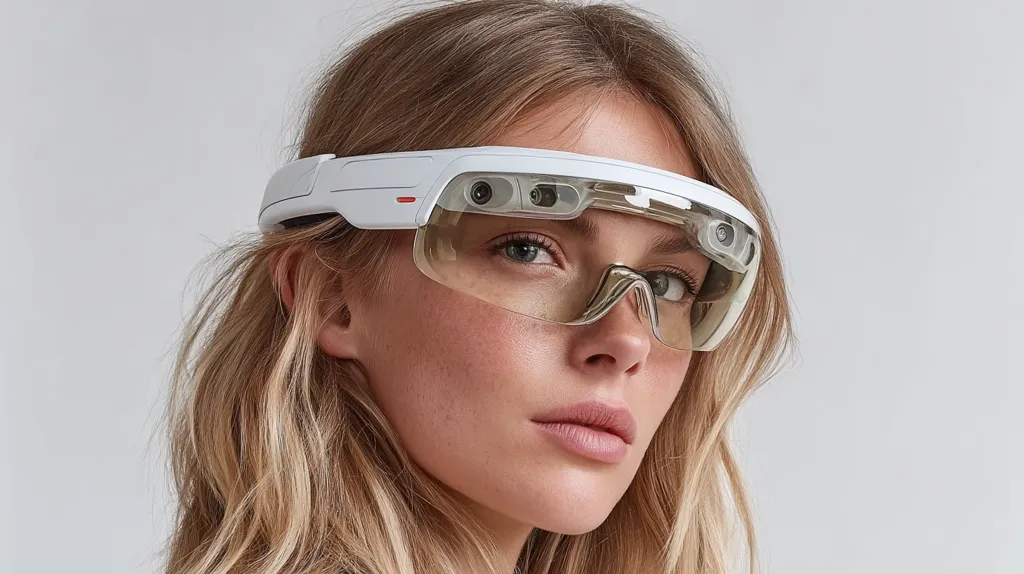 A young woman with long blonde hair models a pair of sleek, white augmented reality glasses.  The glasses have a minimalist design with clear lenses and integrated cameras visible on the frame.  The overall aesthetic is modern and technologically advanced, showcasing a potential future of wearable technology.
