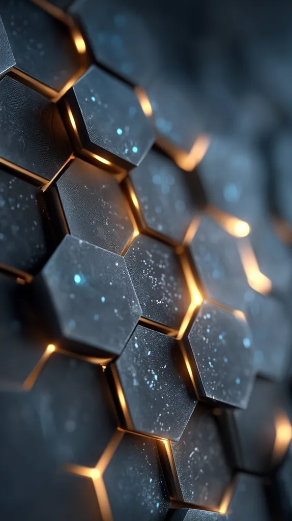 A close-up shot reveals a textured surface composed of hexagonal shapes.  The hexagons are dark gray or black, appearing metallic with a subtle speckled texture.  Warm, orange-gold light glows from the seams between the hexagons, creating a striking contrast and highlighting their three-dimensional form.  The overall impression is one of modern technology or futuristic design.