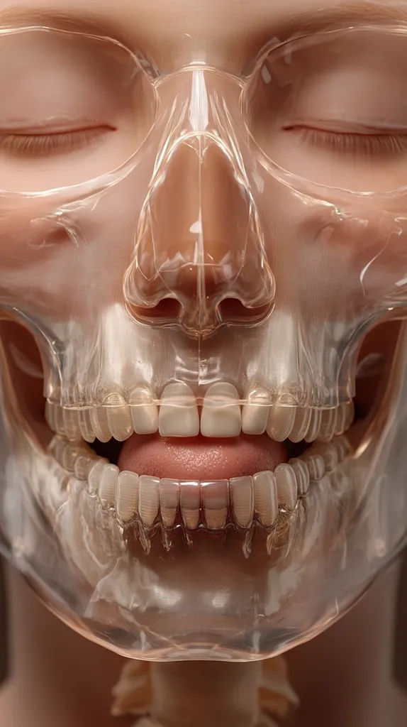 Close-up of a person's face with a transparent mask covering the skull structure.  The mask reveals the underlying bone structure, including the teeth and jaw. The person's eyes are closed.  The image is surreal and slightly unsettling, suggesting a juxtaposition of the human form and underlying anatomy.