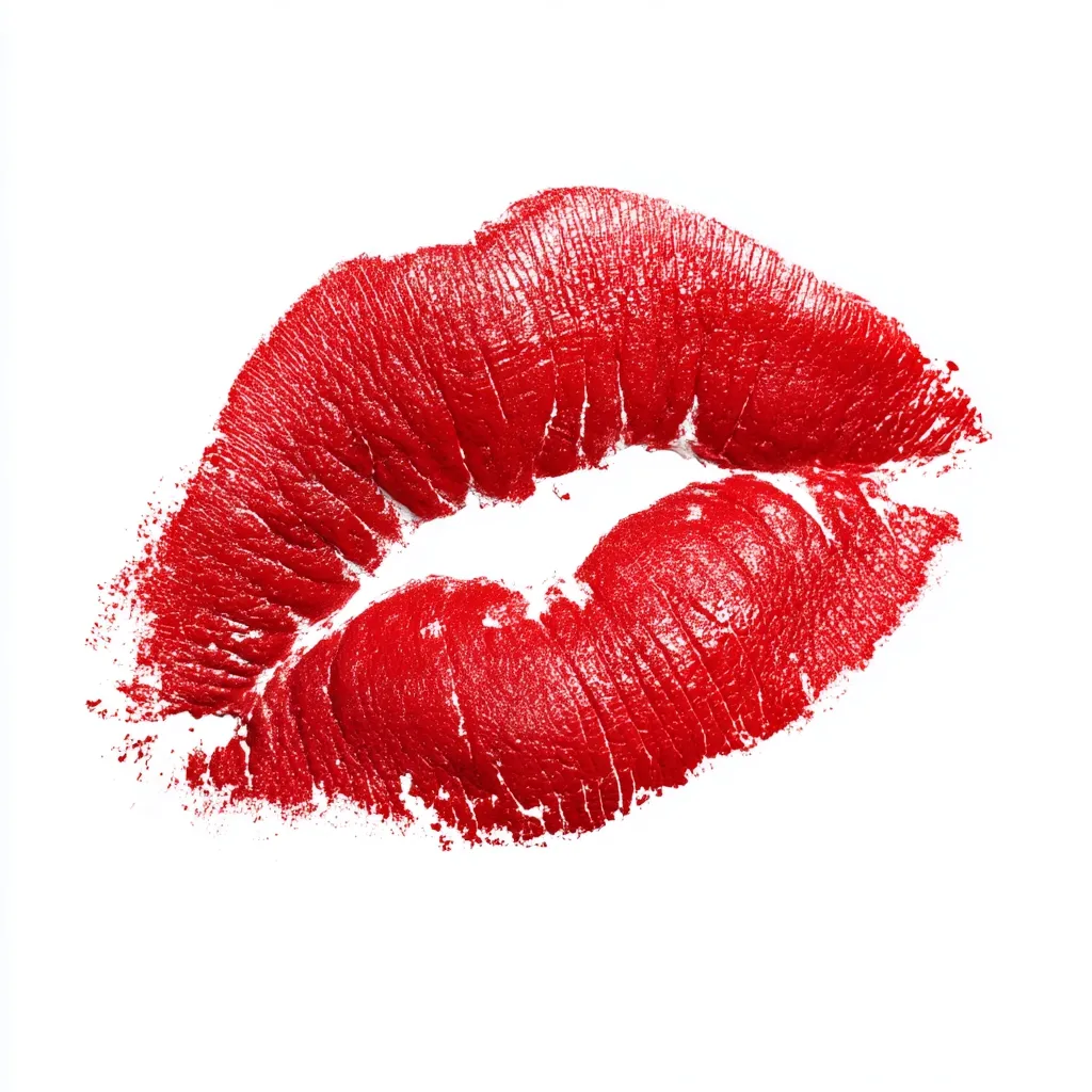 A vibrant red lipstick imprint of a kiss is captured against a stark white backdrop.  The imprint shows texture and detail, suggesting a recent application. The bold red color contrasts sharply with the white, making the image striking and suggestive of romance or passion.  The slightly smudged edges add a touch of realism.