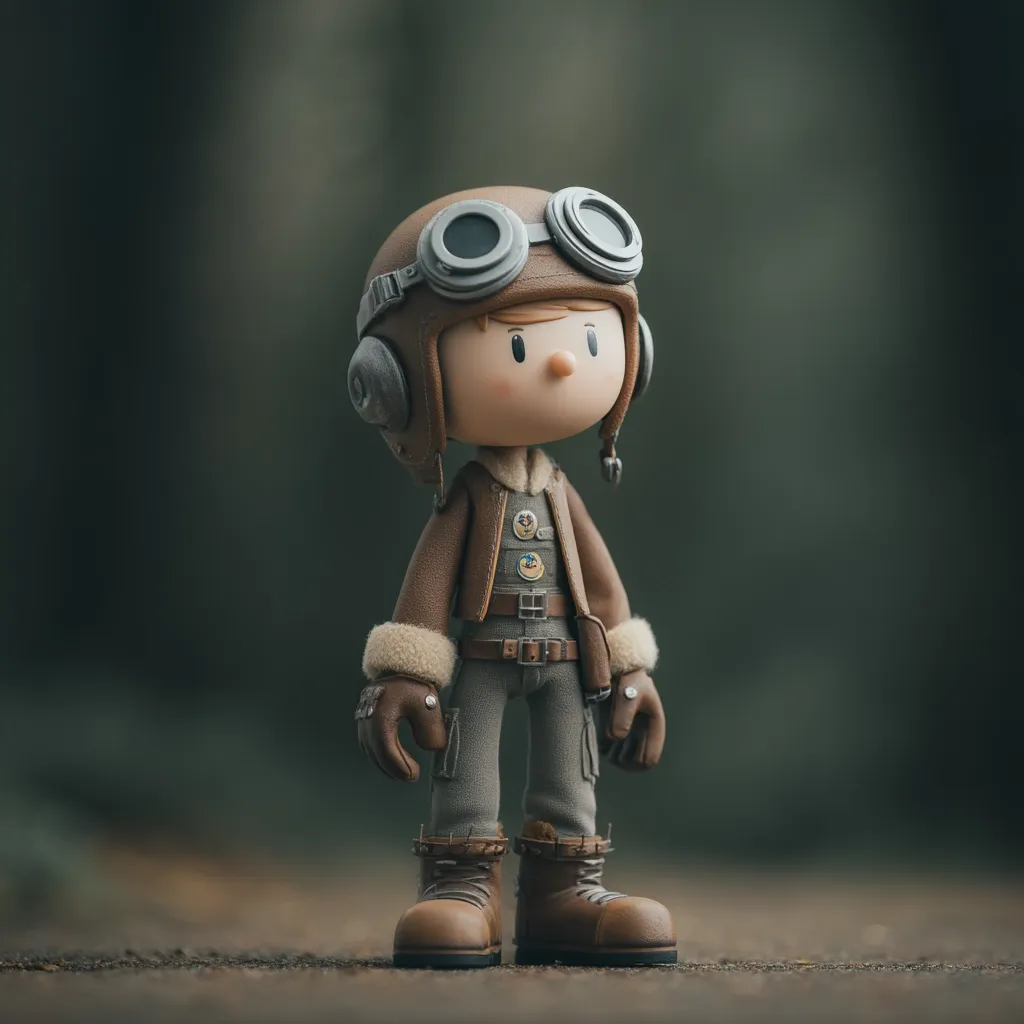 A charming collectible figurine, styled as a young aviator, stands outdoors.  Clad in a brown leather jacket, grey flight pants, and sturdy boots, the figure sports a pilot's helmet with goggles.  The design is detailed, with small badges adorning the jacket and a worn texture suggesting a vintage aesthetic.  The backdrop is a blurred forest scene, enhancing the figurine's endearing character.