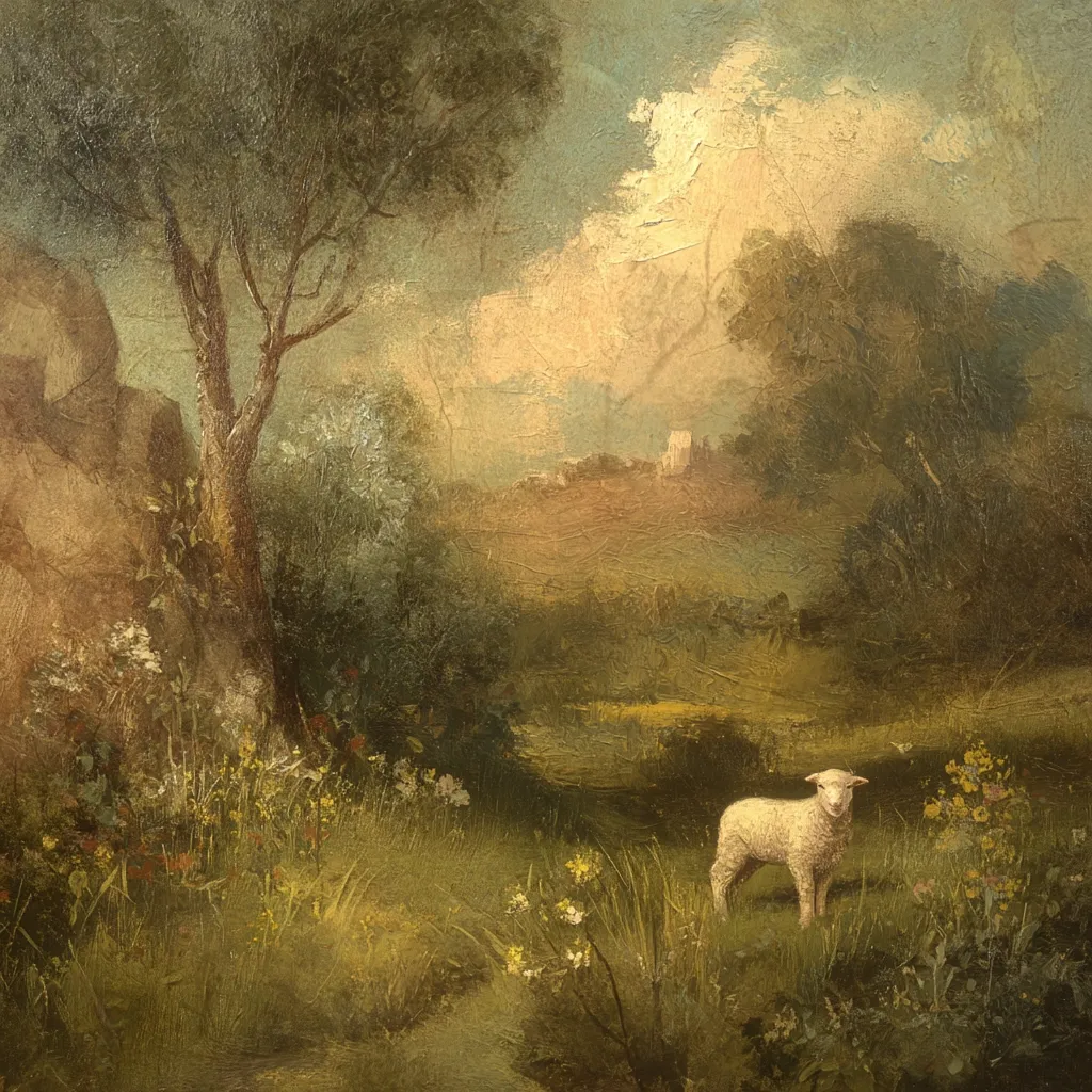 A pastoral landscape painting depicts a lone lamb grazing in a verdant meadow.  A large tree stands to the left, beside a rocky outcrop.  In the background, rolling hills and a distant structure are visible under a soft, cloudy sky.  The overall palette is muted, with earthy greens and browns dominating, creating a serene and peaceful atmosphere. The style suggests a romanticized view of rural life.
