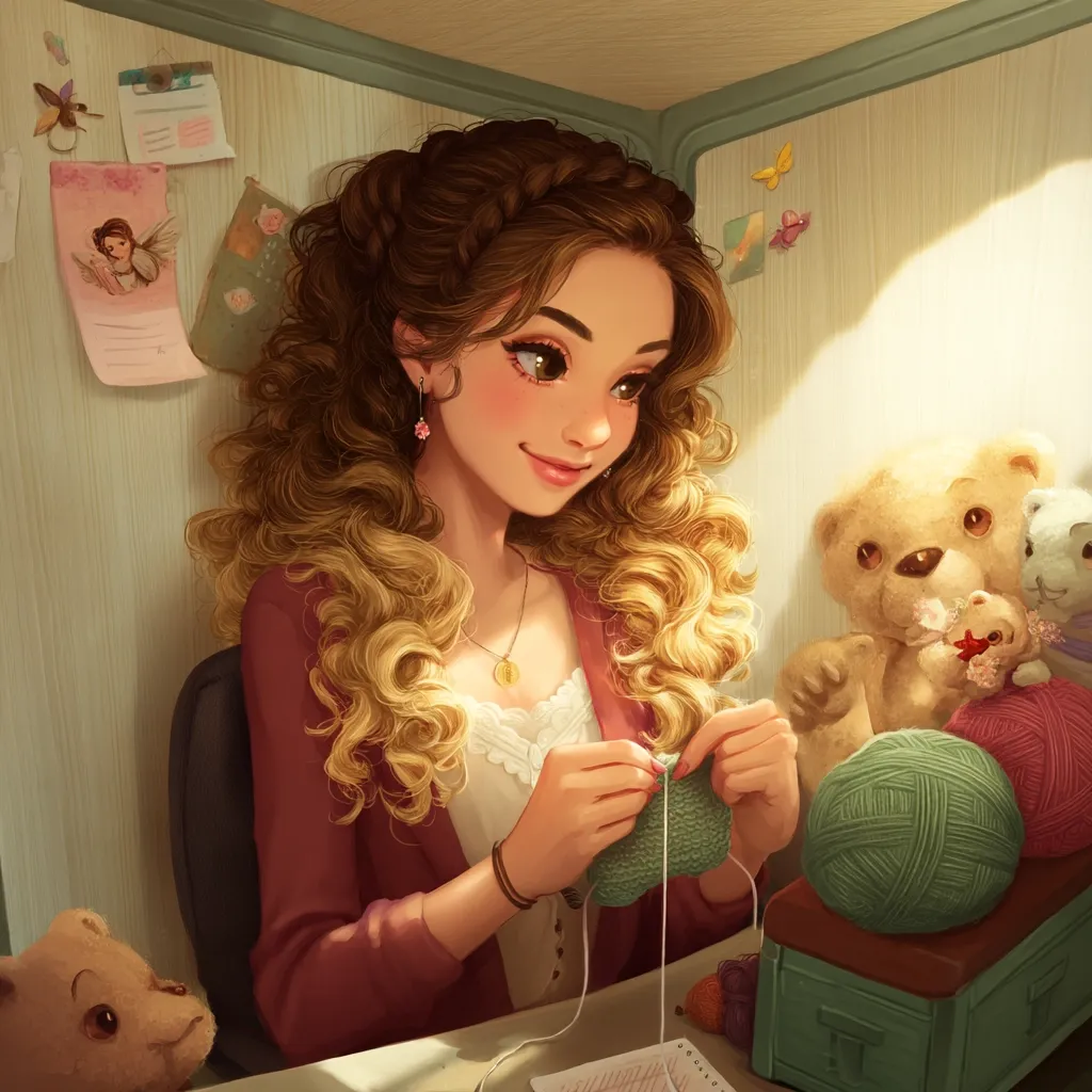 A young woman with long, curly brown and blonde hair sits at a desk, knitting a green item.  She wears a maroon cardigan and a delicate necklace.  Surrounding her are yarn balls, a small wooden box, and several teddy bears.  The setting is cozy and sunlit, with whimsical decorations on the wall behind her.  Her expression is serene and focused on her craft.