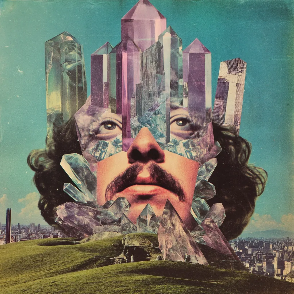 A surreal collage features a man's face partially obscured by a crystalline cityscape.  Large, multifaceted crystals form a crown-like structure above his head, incorporating buildings and suggesting a fantastical, dreamlike urban landscape. The man's expression is serene, his mustache prominent against the vibrant jewel tones.  The background shows a tranquil grassy hill and a distant city, contrasting with the otherworldly elements in the foreground. The overall effect is one of striking juxtaposition and imaginative synthesis.
