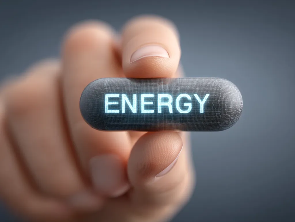 A hand delicately holds a futuristic, dark-grey capsule with the word "ENERGY" illuminated in bright cyan.  The capsule has a textured, almost grid-like surface, suggesting advanced technology. The image conveys a concept of readily available, high-tech energy, perhaps as a supplement or power source.  The focus is sharp on the capsule, blurring the hand slightly for emphasis.