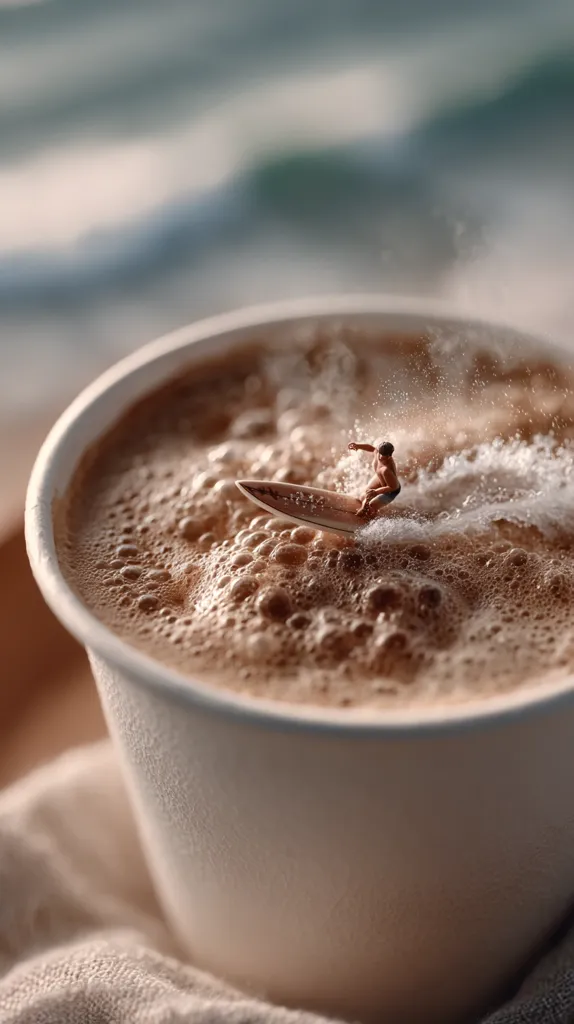 A miniature surfer rides a tiny wave atop a frothy cup of coffee.  The foamy surface resembles ocean waves, creating a whimsical scene. The coffee cup sits on a soft, light-colored surface, with a blurred ocean background suggesting a beach setting. The image is a creative juxtaposition of the everyday and the fantastical.