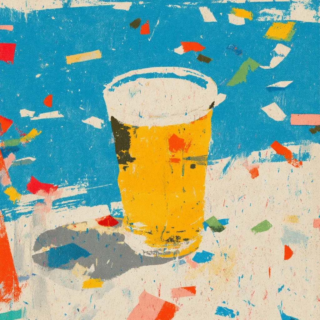 An abstract painting depicts a pint glass of beer on a textured surface.  The background is a vibrant blue with scattered confetti-like shapes in various colors. The beer is rendered in yellow and gold hues, with visible brushstrokes adding texture. The overall style is bold and expressive, blending elements of impressionism and abstract expressionism. The painting's palette is warm and playful, contrasting the coolness of the blue background.