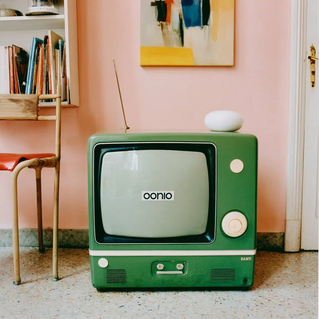 A vintage green television sits on a floor, atop a pale pink wall.  A small, white, round object rests on top. The TV screen displays a "oonio" logo. A wooden chair and a bookshelf filled with books are visible in the background, adding to the retro ambiance of the room.  A piece of abstract art hangs on the wall above the television.