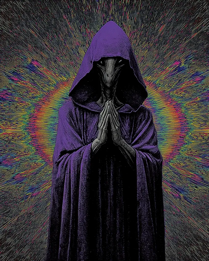 An otherworldly figure, cloaked in a deep purple robe with a large hood obscuring its face, stands with hands clasped in prayer.  The creature's head is elongated and bird-like.  The background is a vibrant, swirling nebula of multicolored light rays, creating a psychedelic and mystical atmosphere. The overall image evokes a sense of reverence and otherworldly power.